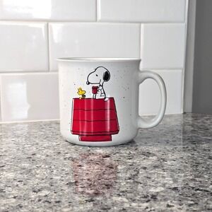 Peanuts Snoopy Woodstock 20oz Ceramic Campfire Coffee Mug White Red Speckled Cup